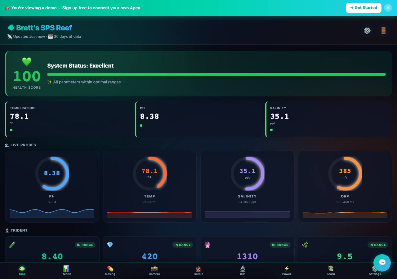 ReefMind Dashboard — System Health, Live Probes, Trident Chemistry, AI Insights, Smart Alerts, Dosing Reminders